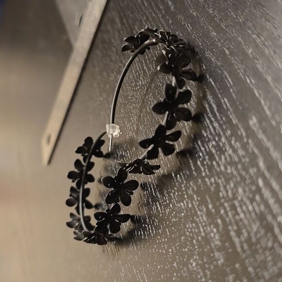 Matte Black Floral Design Hoop Earrings - Picture 9 of 9